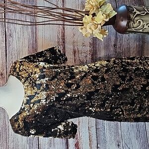 INC INTERNATIONAL CONCEPTS BLACK GOLD SEQUIN SHORT SLEEVE EVENING DRESS